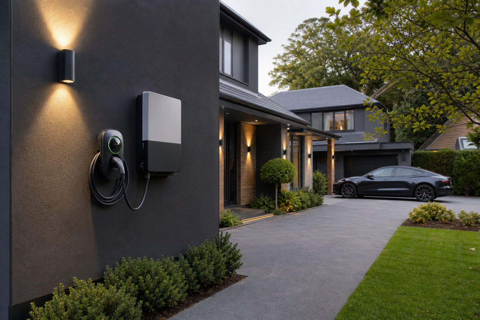 Wide view of the smart EV charging setup on a Berkhamsted driveway