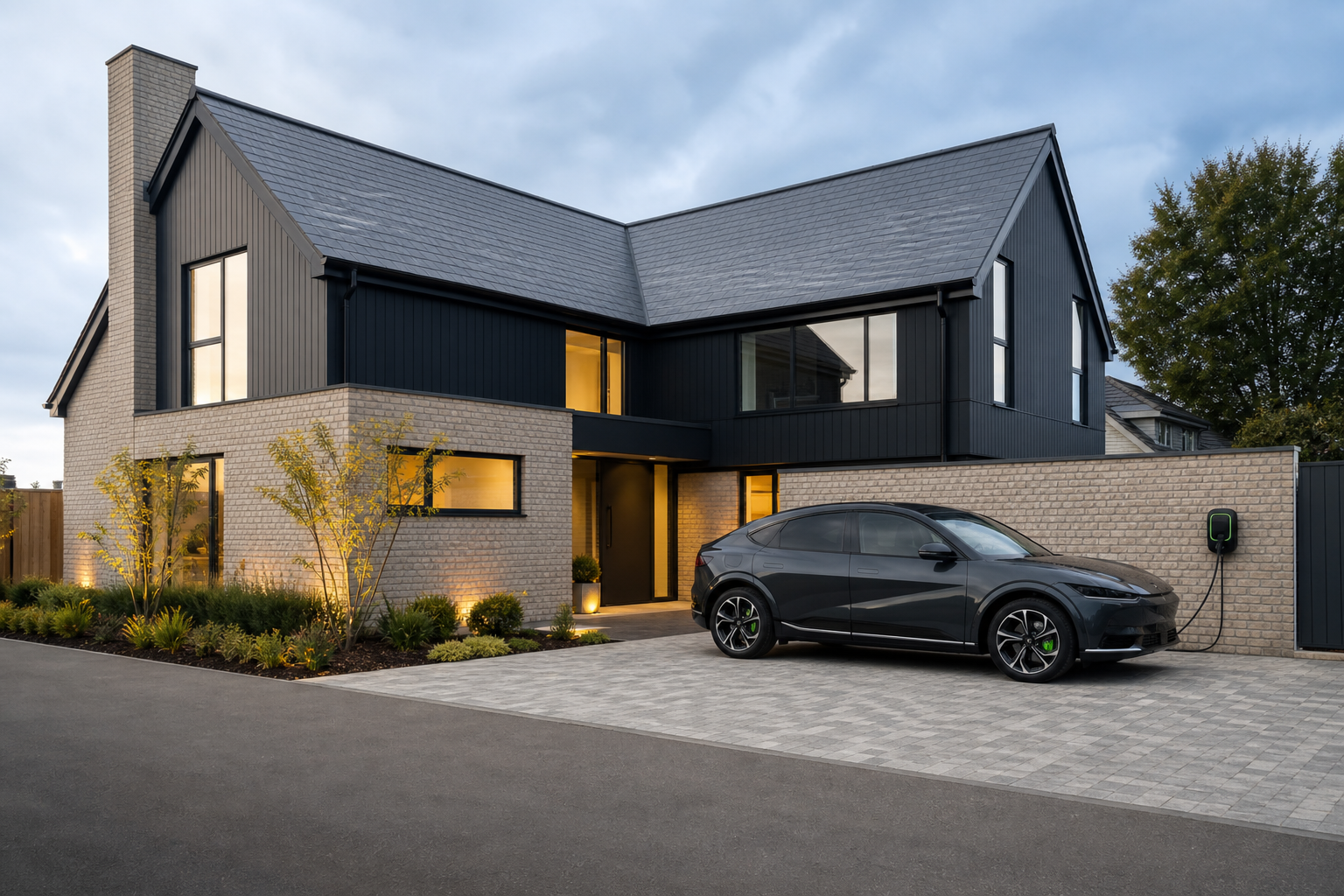 Wide view of the OZEV-funded EV charger on a Bishop's Stortford driveway