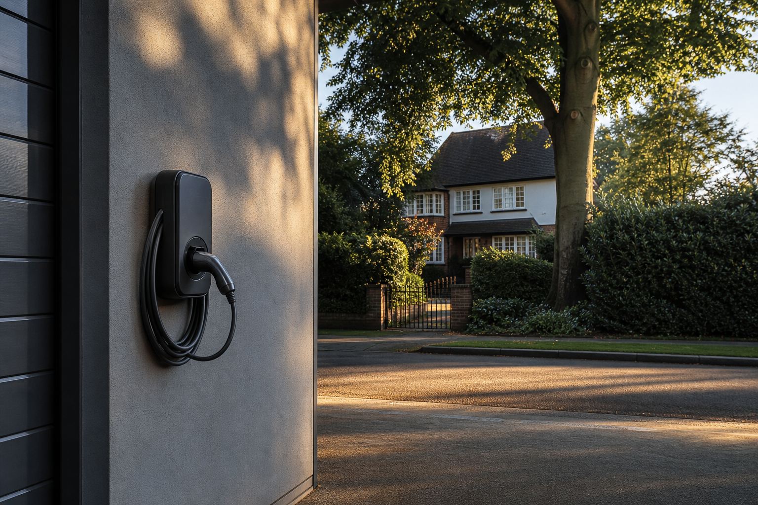 Tethered home EV charger mounted on a Harpenden garage wall