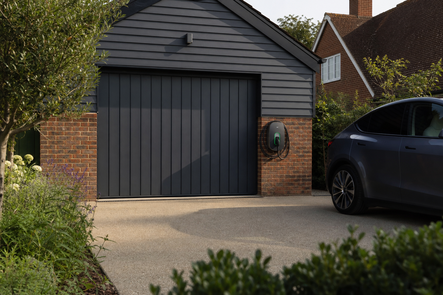 Wide view of the Harpenden home EV charging setup beside the garage