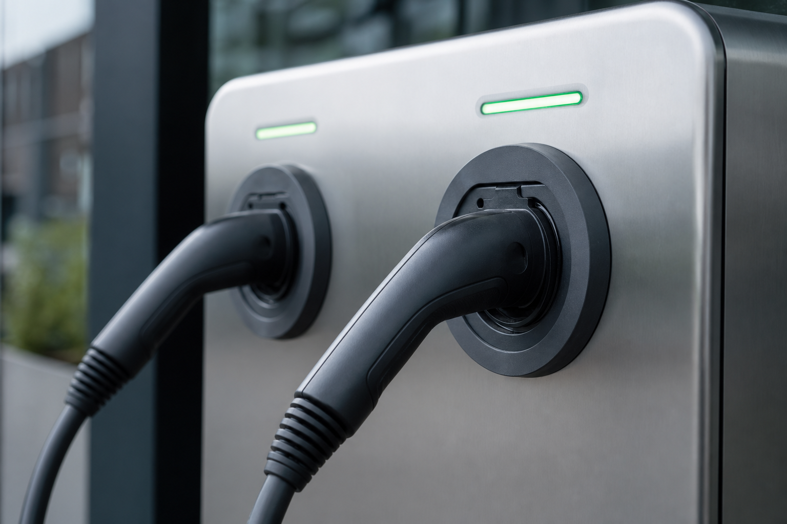 Close detail of commercial EV charger payment terminal and connector