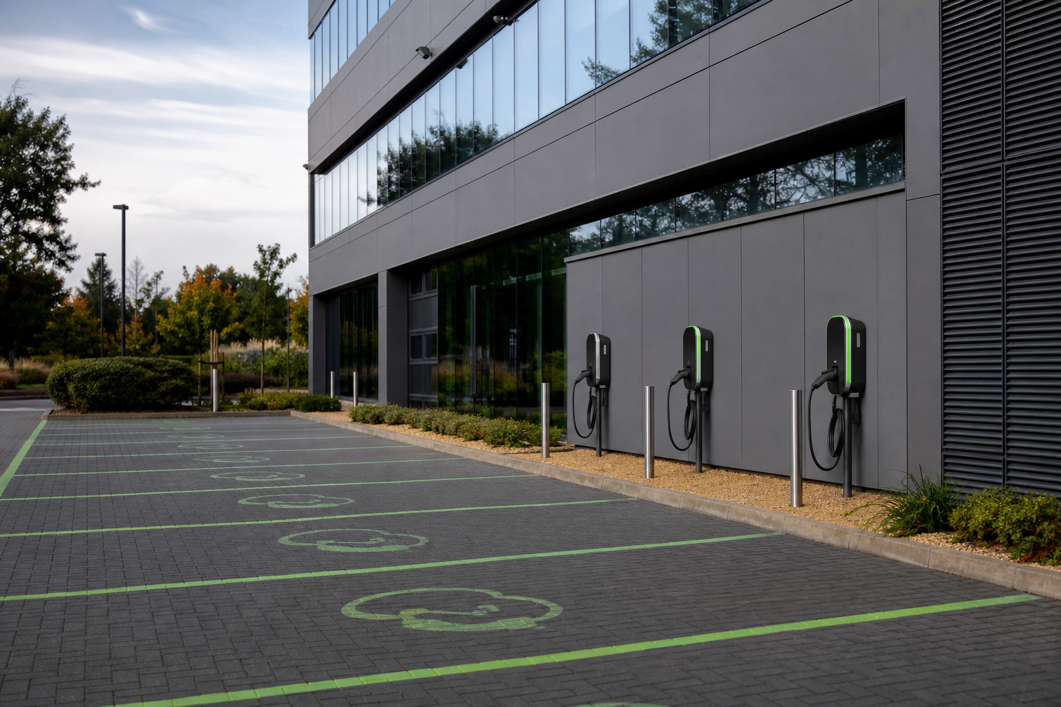 Wide view of the commercial EV charging hub at a Hatfield retail site