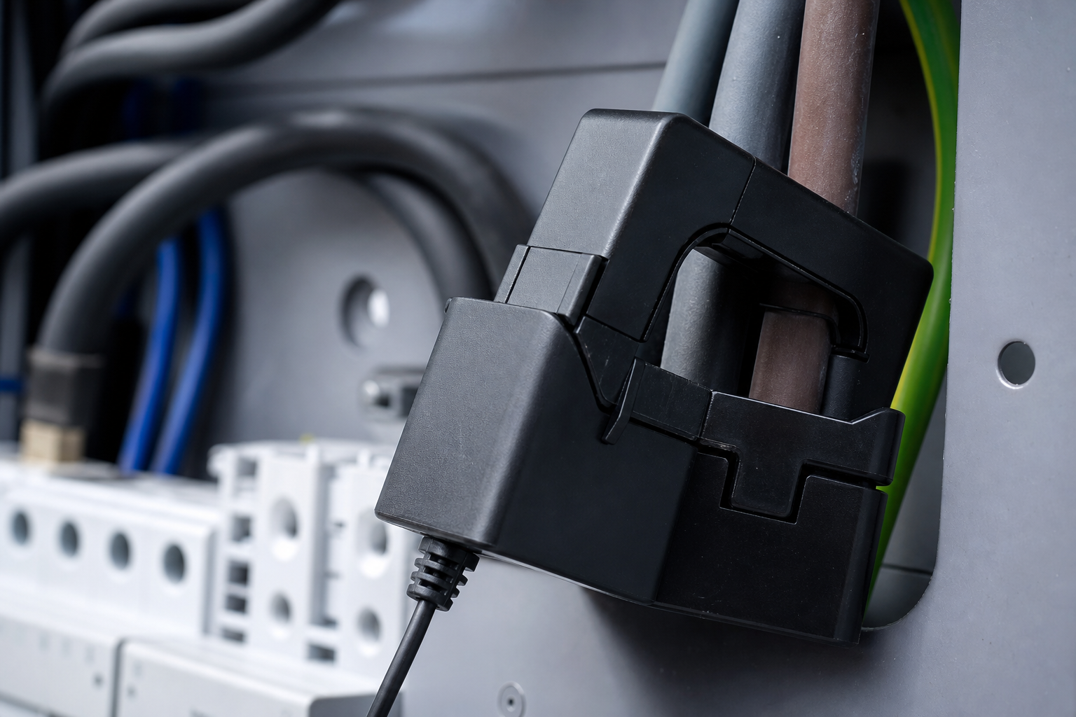 Close detail of smart EV charger load balancing sensor and CT clamp