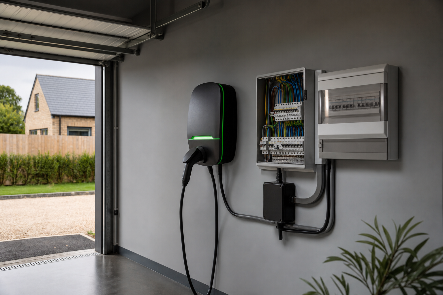 Wide view of the load-balanced EV charging point at a Hertford home