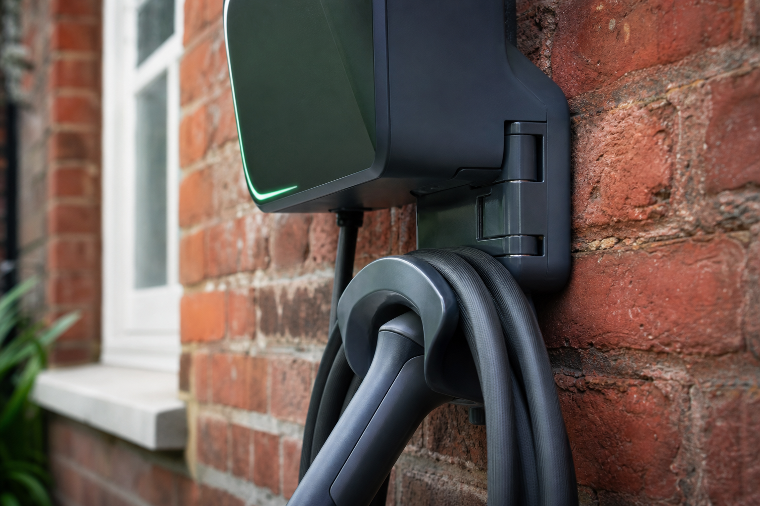 Close detail of tethered EV charging cable and unit display