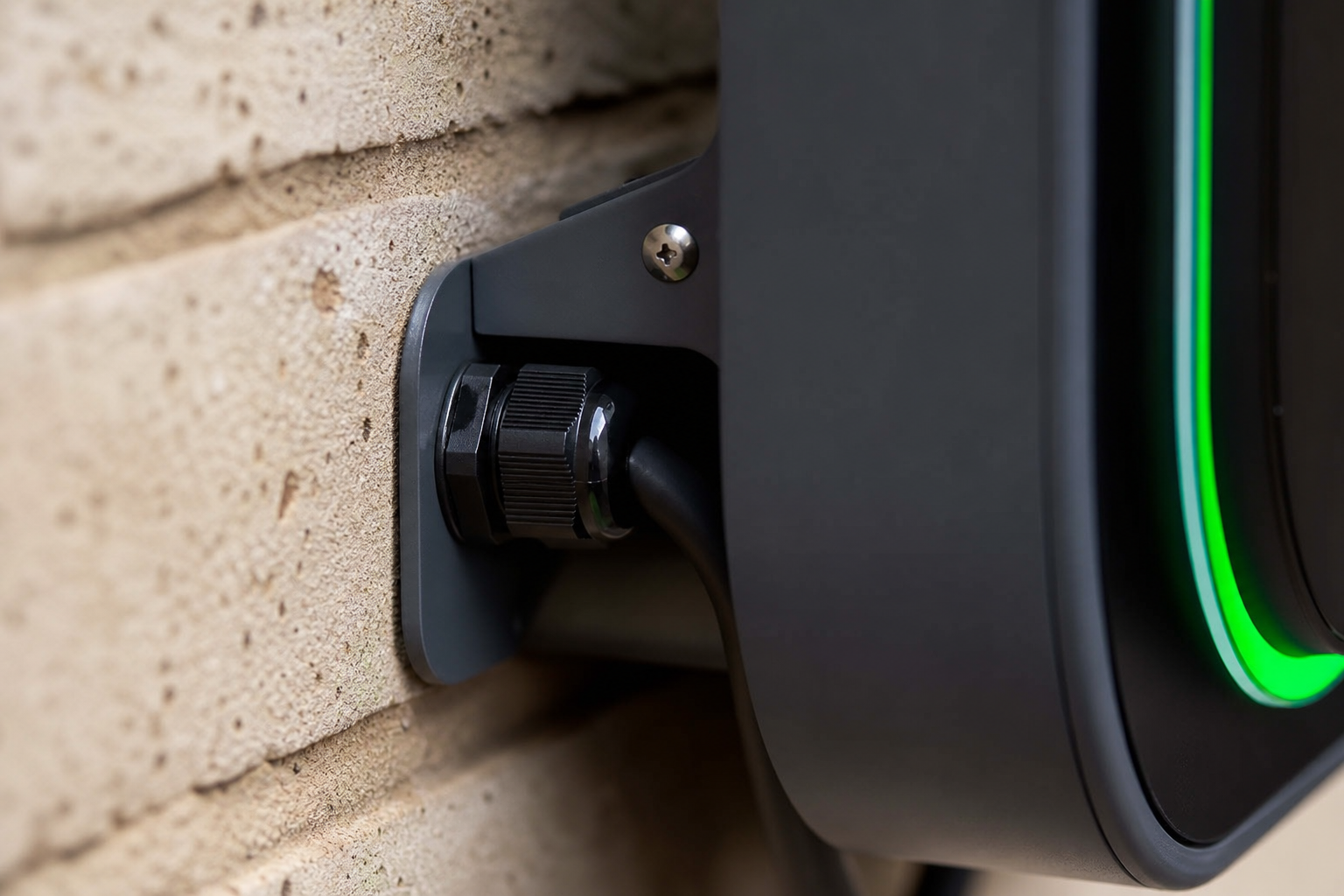 Close detail of tethered EV charger wall mount and cable holster