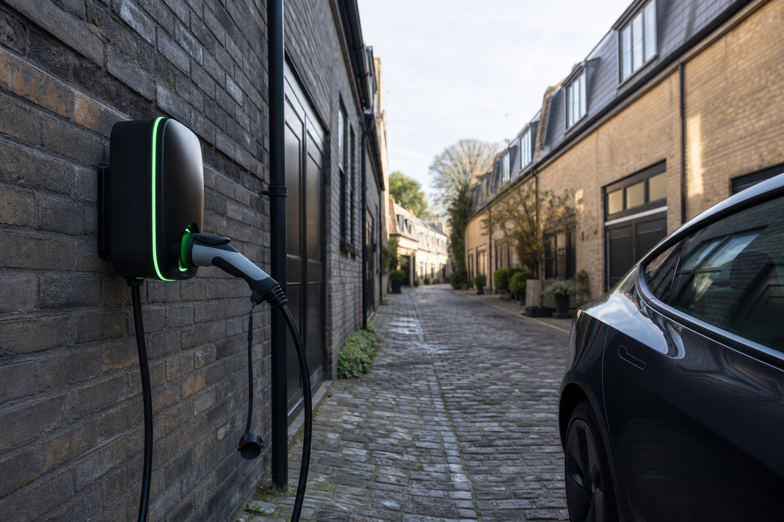 Wide view of the EV charging point on a Ware residential driveway