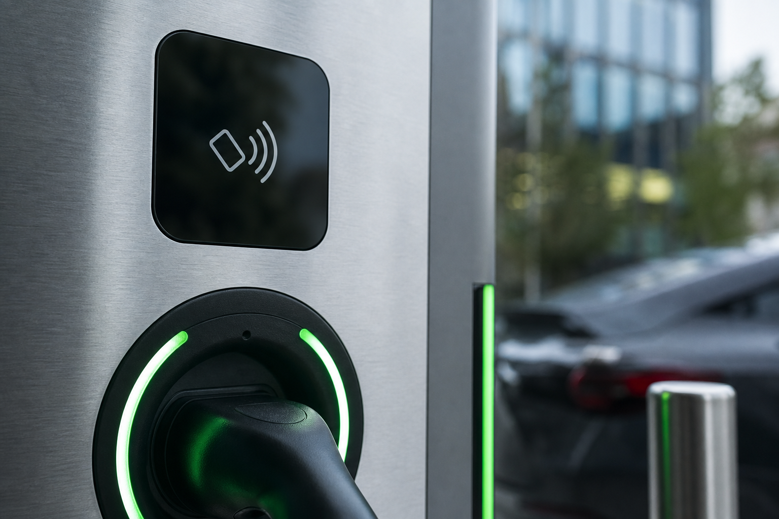 Close detail of workplace EV charger RFID reader and cable holster