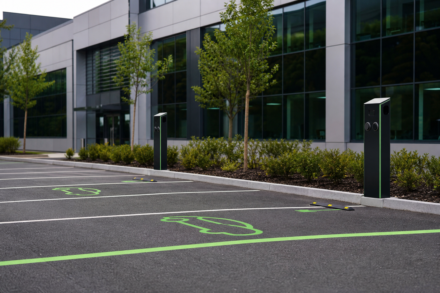 Wide view of EV charging bays at a Watford business premises